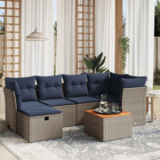 7 pcs conjunto sofás p/ jardim c/ almofadões vime PE cinzento