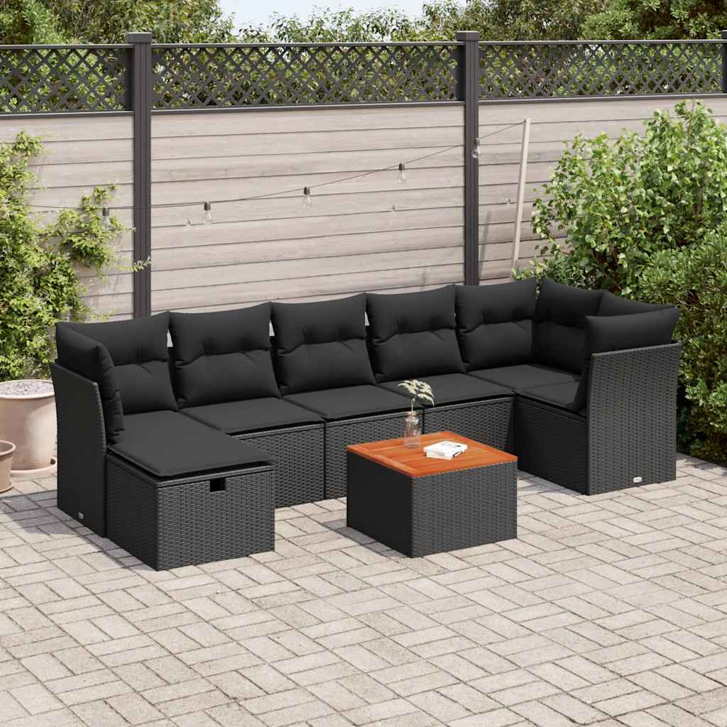 8 pcs conjunto sofás de jardim com almofadões vime PE preto