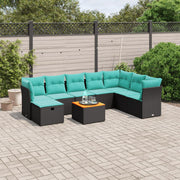 9 pcs conjunto de sofás p/ jardim c/ almofadões vime PE preto