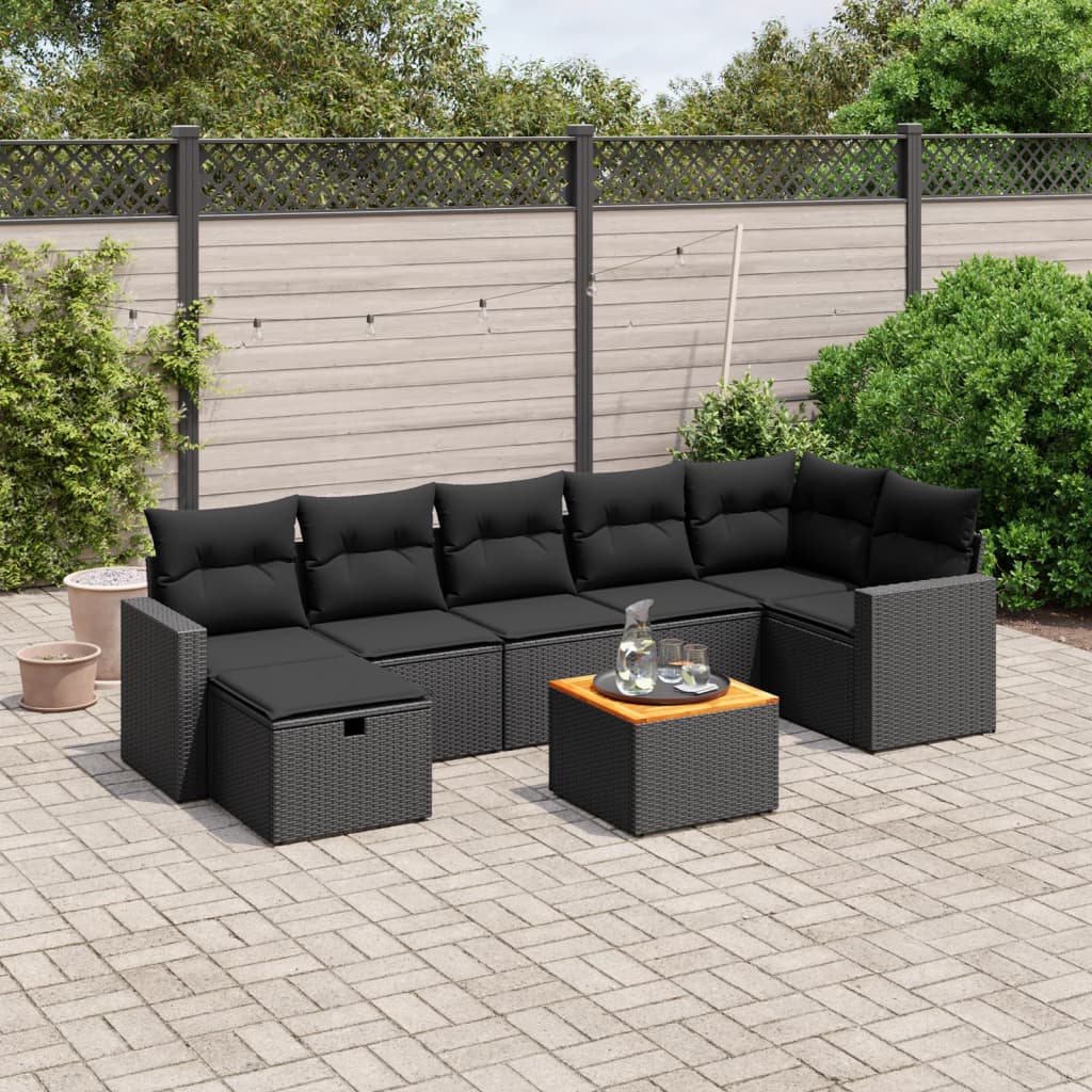 8 pcs conjunto sofás de jardim com almofadões vime PE preto