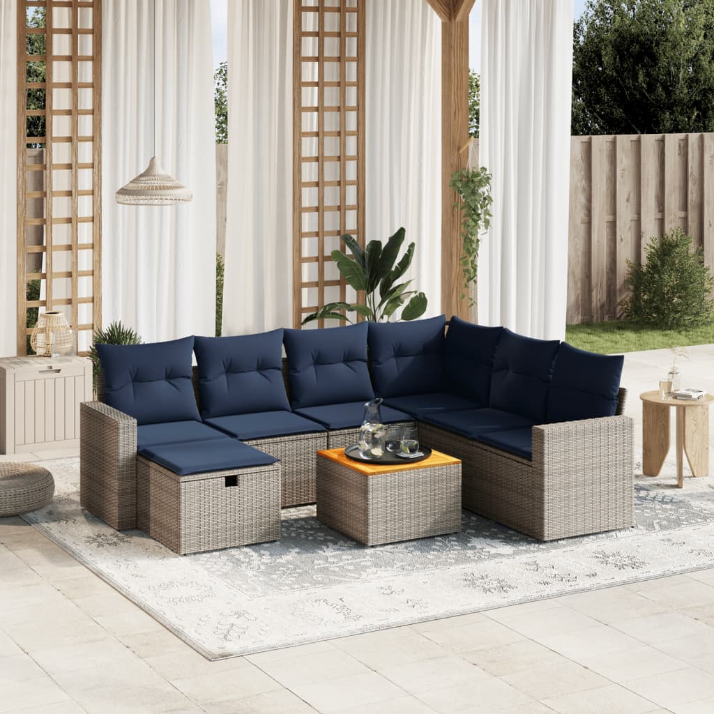 8 pcs conjunto sofás p/ jardim c/ almofadões vime PE cinzento