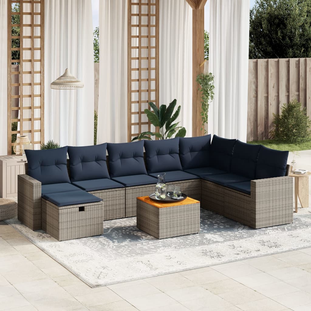 9 pcs conjunto sofás p/ jardim c/ almofadões vime PE cinzento