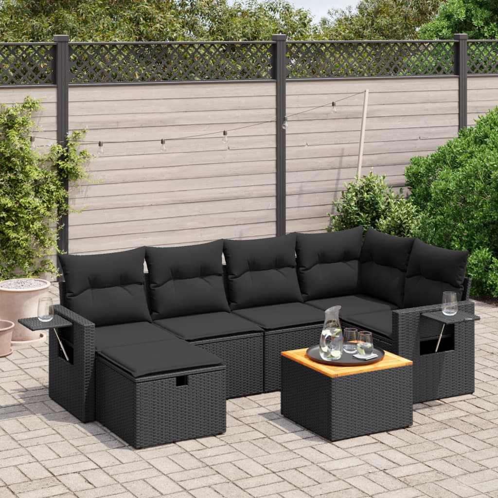 7 pcs conjunto de sofás p/ jardim c/ almofadões vime PE preto