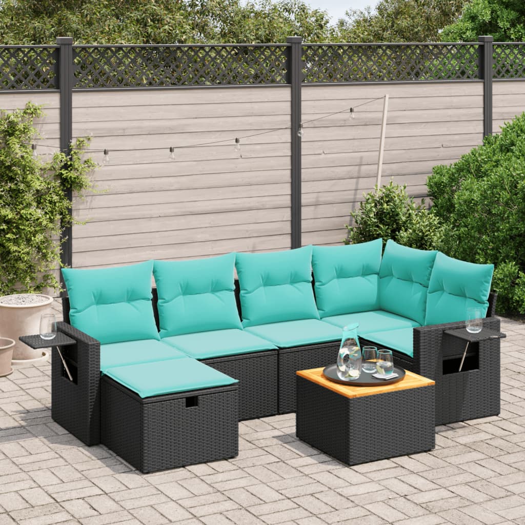 7 pcs conjunto de sofás p/ jardim c/ almofadões vime PE preto