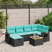 7 pcs conjunto de sofás p/ jardim c/ almofadões vime PE preto