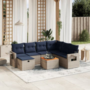 8 pcs conjunto sofás p/ jardim c/ almofadões vime PE cinzento