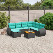 8 pcs conjunto de sofás p/ jardim c/ almofadões vime PE preto