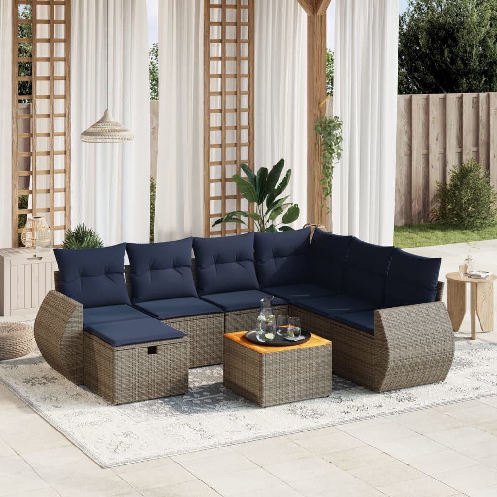 8 pcs conjunto sofás p/ jardim c/ almofadões vime PE cinzento