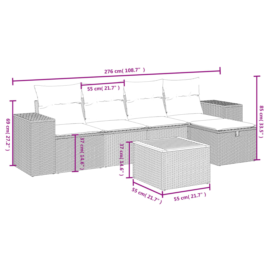 6 pcs conjunto de sofás p/ jardim c/ almofadões vime PE preto