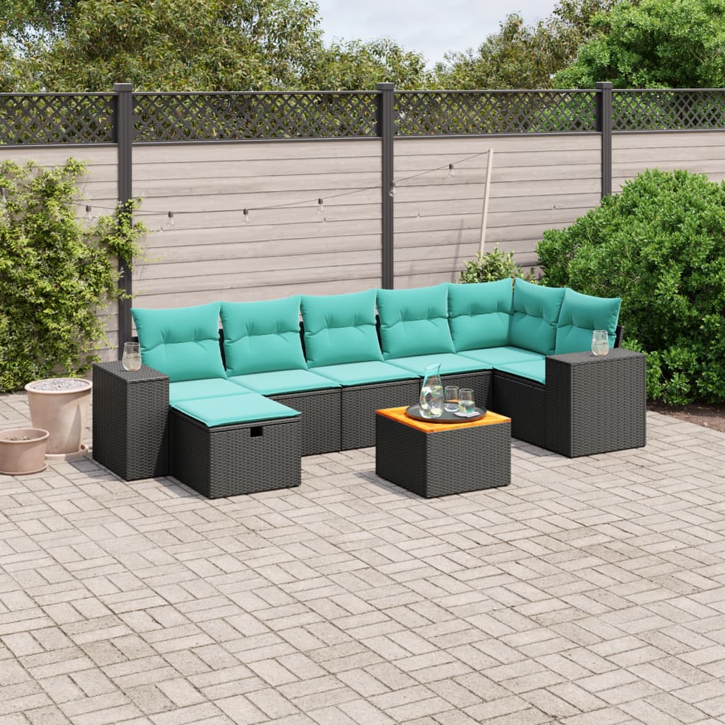 8 pcs conjunto de sofás p/ jardim c/ almofadões vime PE preto