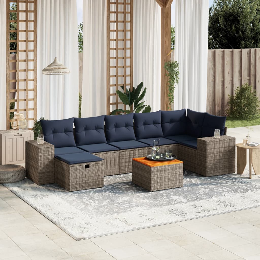 8 pcs conjunto sofás p/ jardim c/ almofadões vime PE cinzento