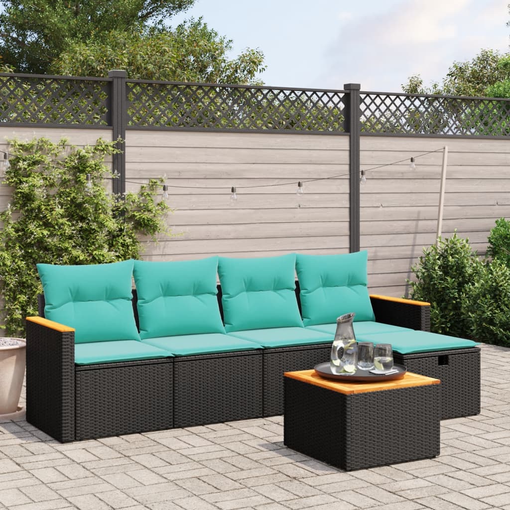 6 pcs conjunto de sofás p/ jardim c/ almofadões vime PE preto