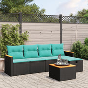 6 pcs conjunto de sofás p/ jardim c/ almofadões vime PE preto