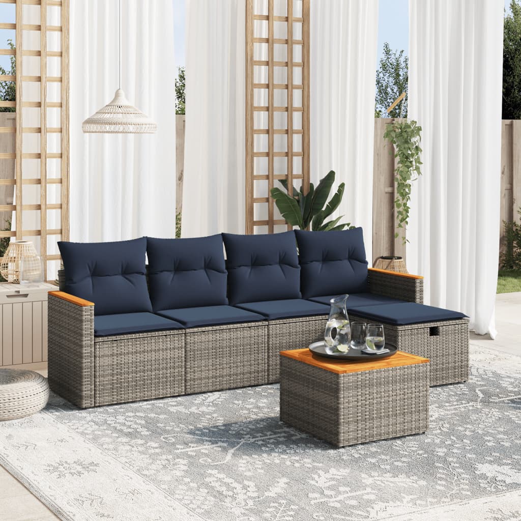 6 pcs conjunto sofás p/ jardim c/ almofadões vime PE cinzento