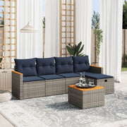 6 pcs conjunto sofás p/ jardim c/ almofadões vime PE cinzento