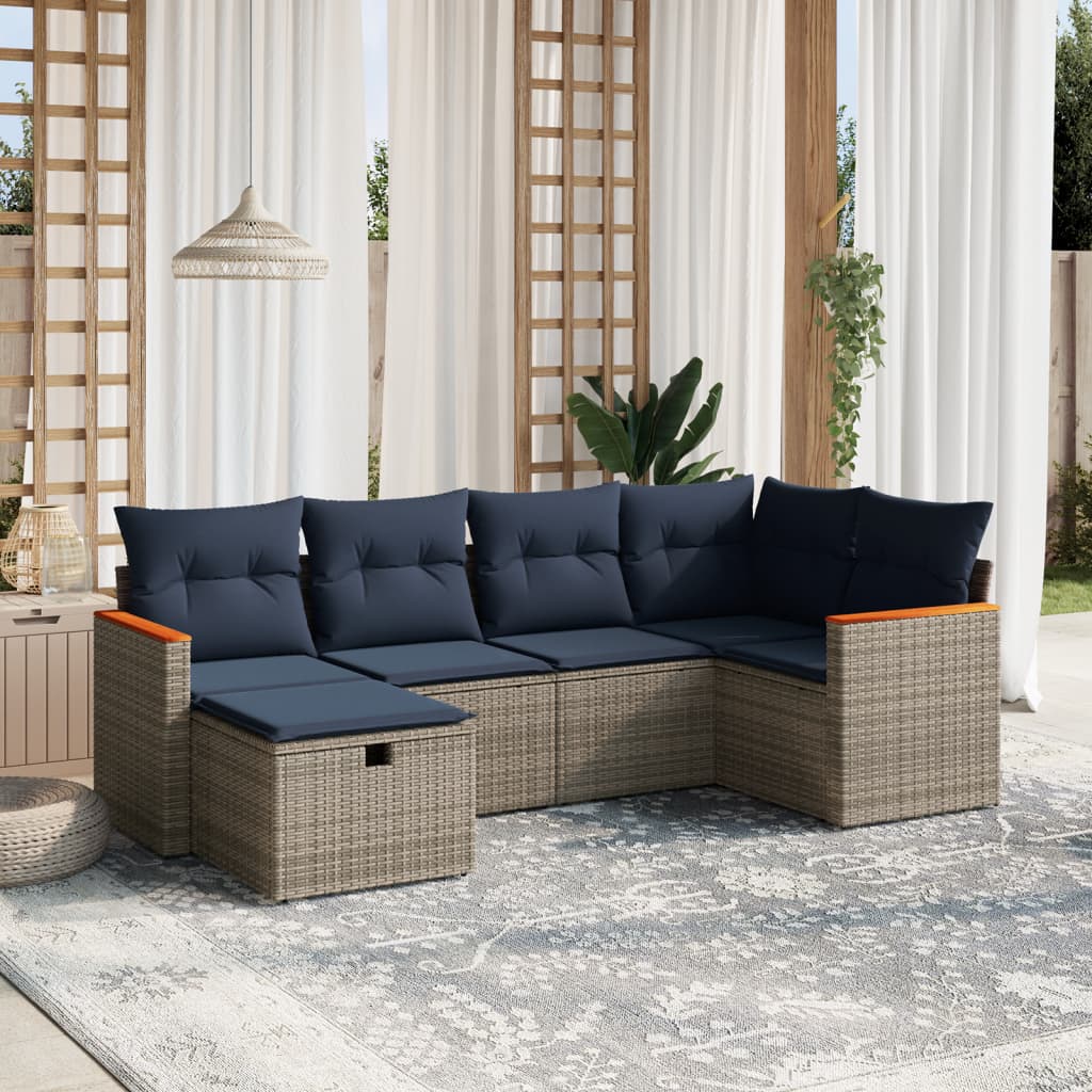 6 pcs conjunto sofás p/ jardim c/ almofadões vime PE cinzento