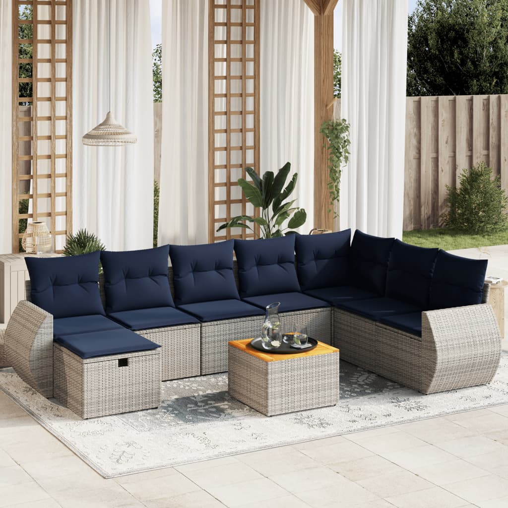 7 pcs conjunto sofás p/ jardim c/ almofadões vime PE cinzento