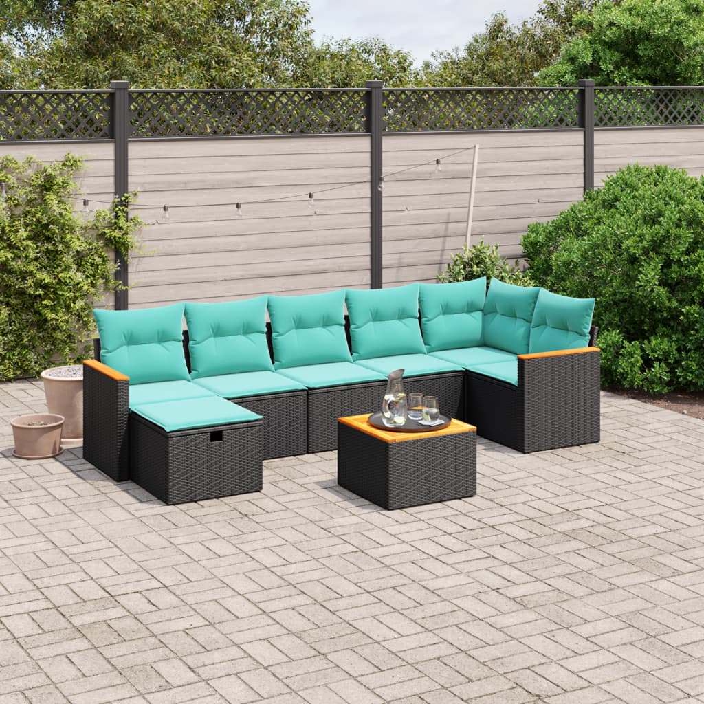 8 pcs conjunto de sofás p/ jardim c/ almofadões vime PE preto