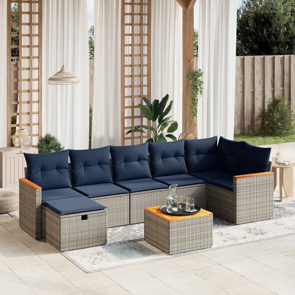 8 pcs conjunto sofás p/ jardim c/ almofadões vime PE cinzento