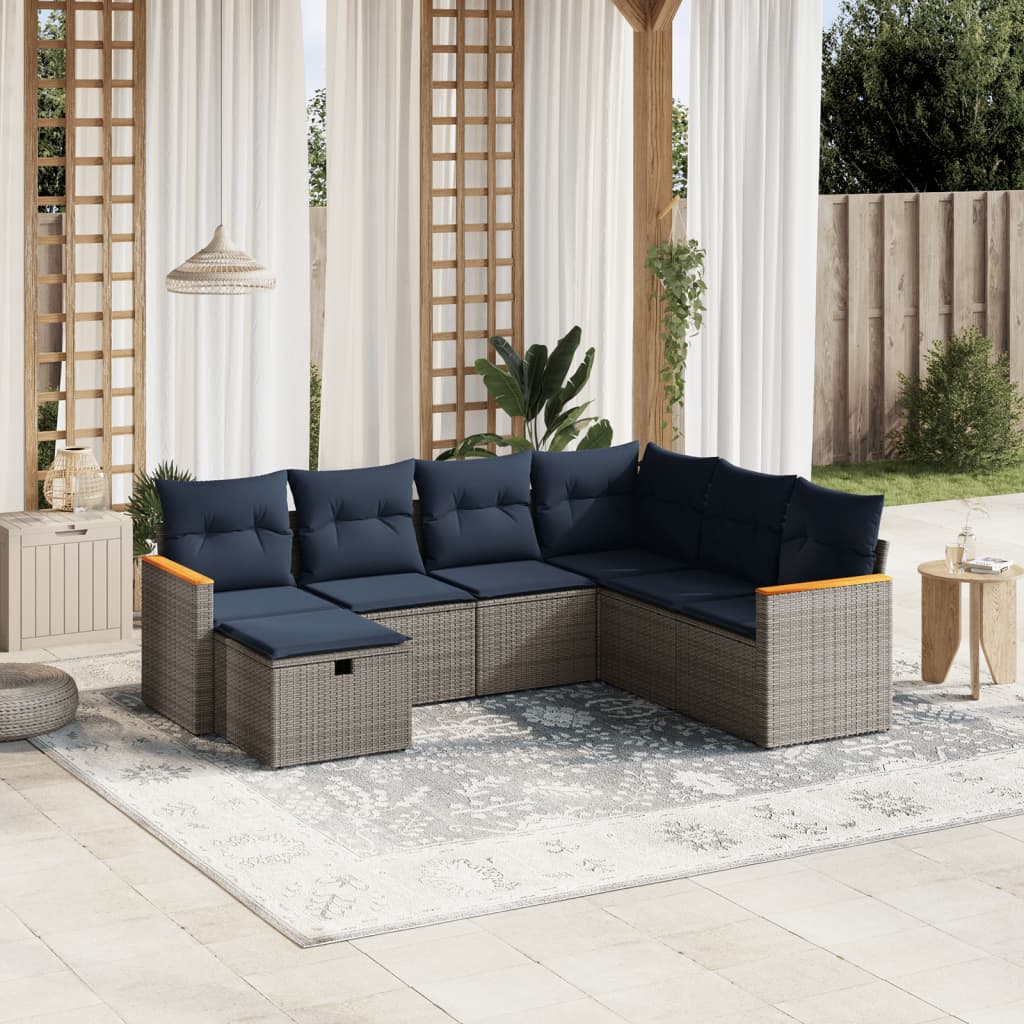 7 pcs conjunto sofás p/ jardim c/ almofadões vime PE cinzento