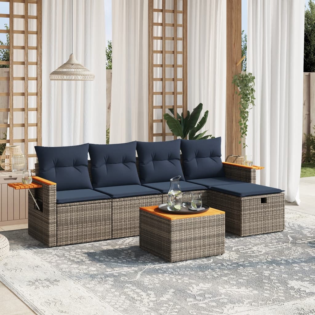 6 pcs conjunto sofás p/ jardim c/ almofadões vime PE cinzento