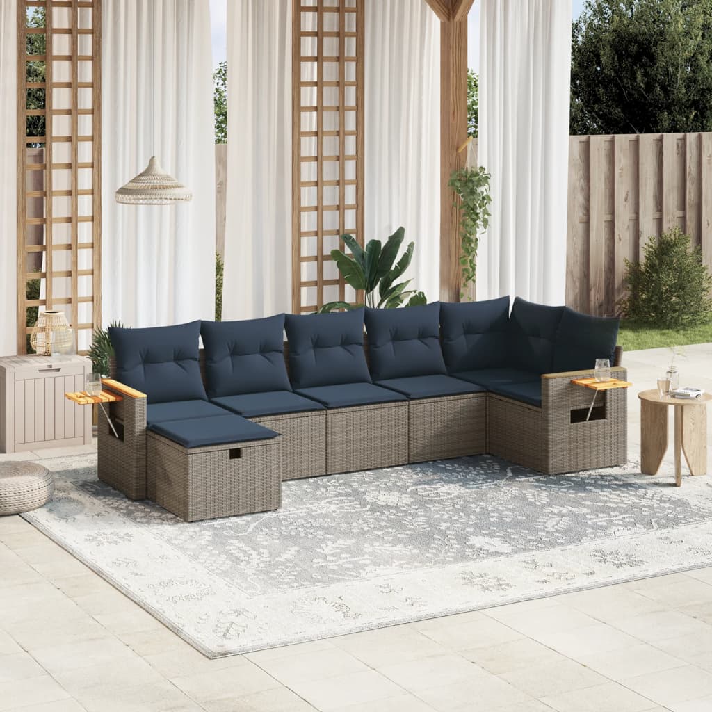 7 pcs conjunto sofás p/ jardim c/ almofadões vime PE cinzento