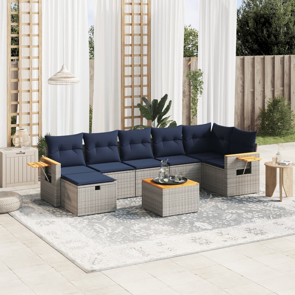 8 pcs conjunto sofás p/ jardim c/ almofadões vime PE cinzento