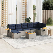 8 pcs conjunto sofás p/ jardim c/ almofadões vime PE cinzento