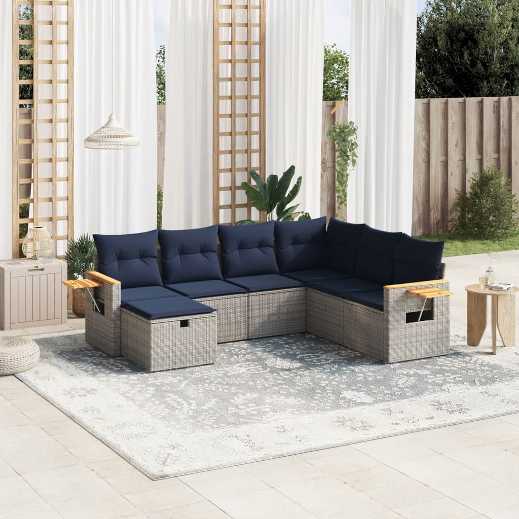 7 pcs conjunto sofás p/ jardim c/ almofadões vime PE cinzento