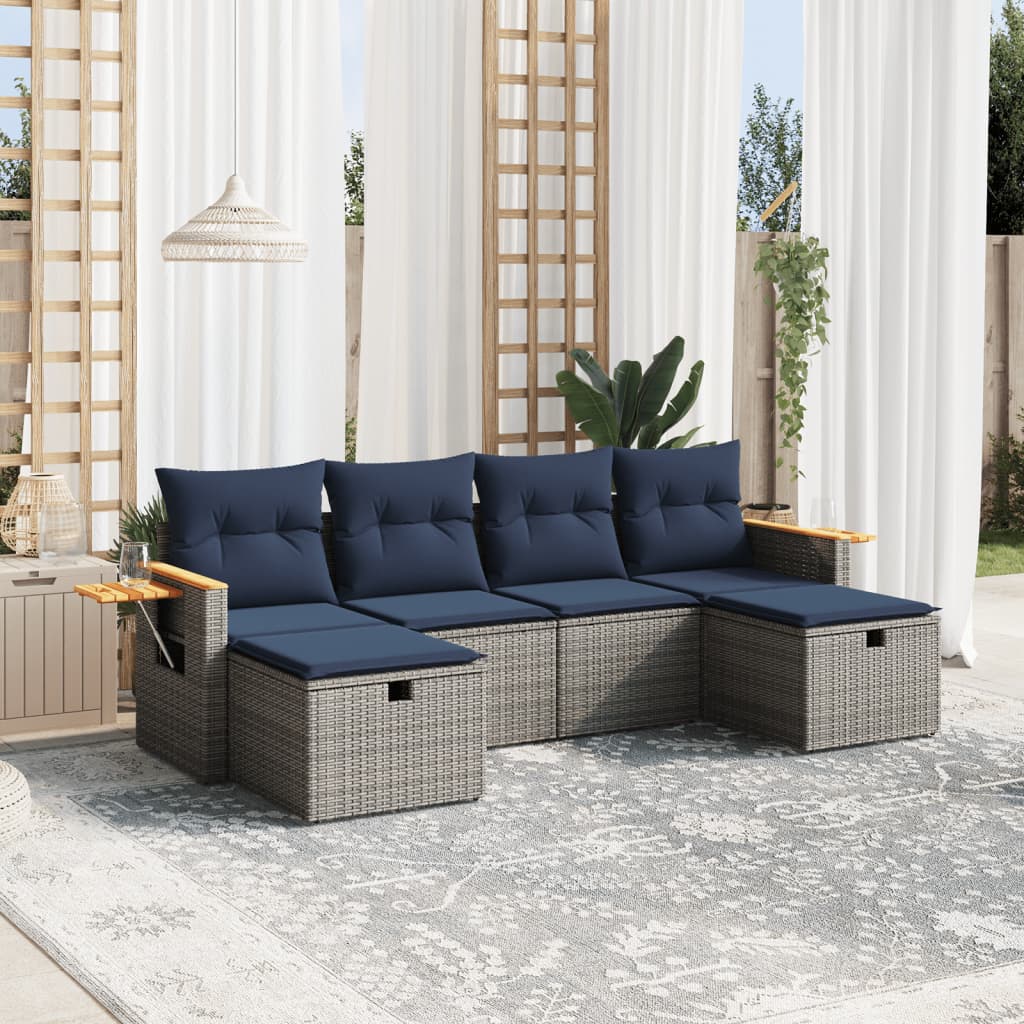 6 pcs conjunto sofás p/ jardim c/ almofadões vime PE cinzento