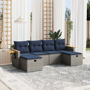 6 pcs conjunto sofás p/ jardim c/ almofadões vime PE cinzento