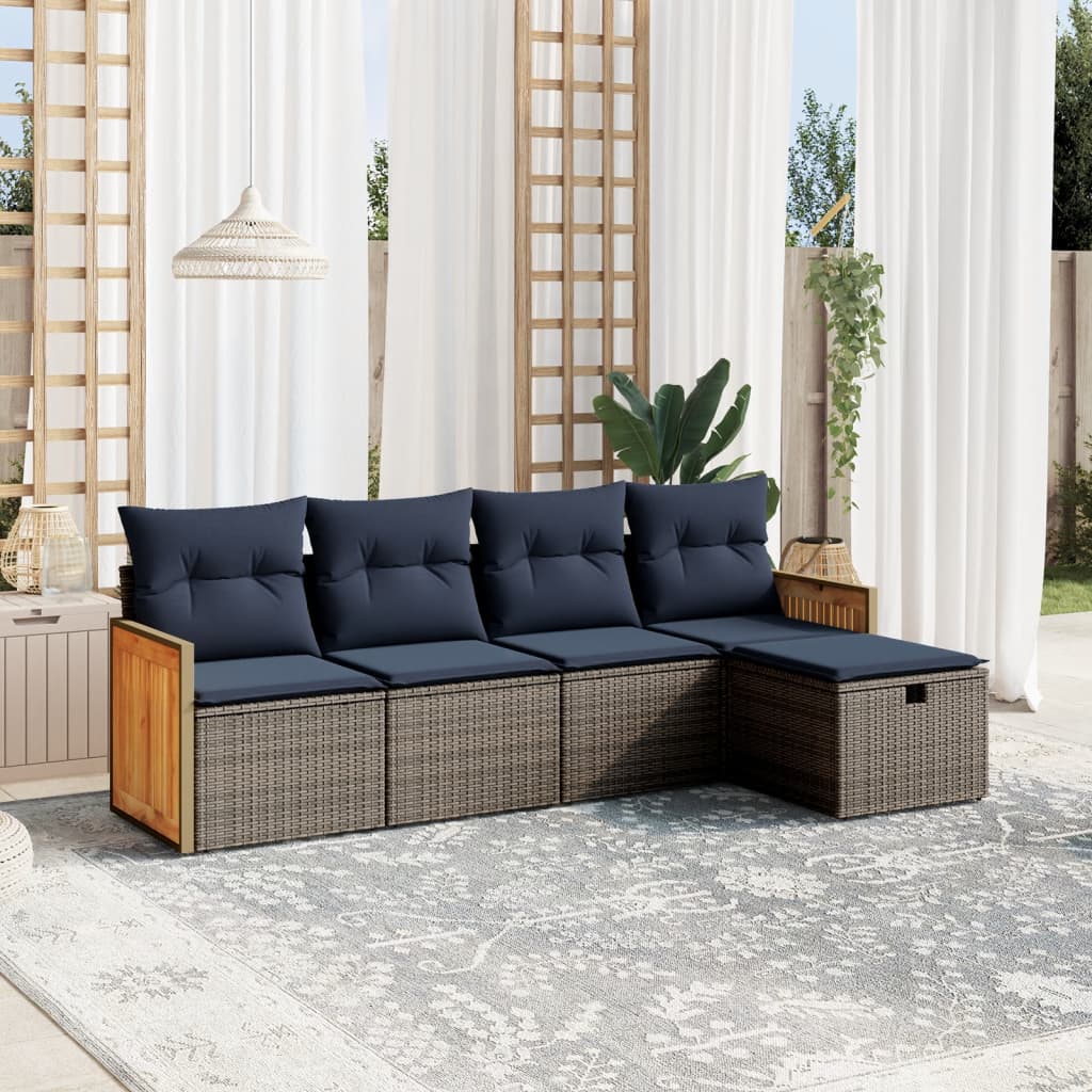 5 pcs conjunto sofás p/ jardim c/ almofadões vime PE cinzento