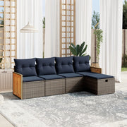 5 pcs conjunto sofás p/ jardim c/ almofadões vime PE cinzento