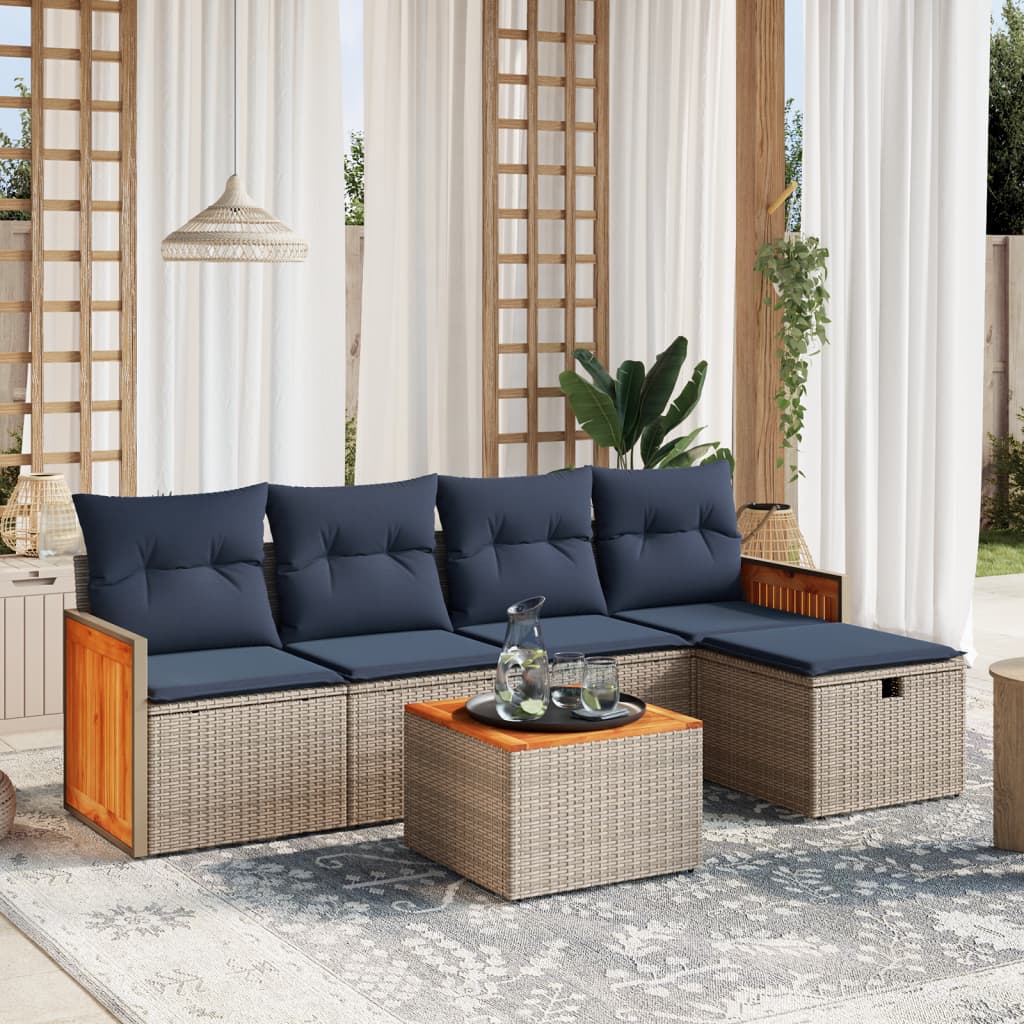 6 pcs conjunto sofás p/ jardim c/ almofadões vime PE cinzento