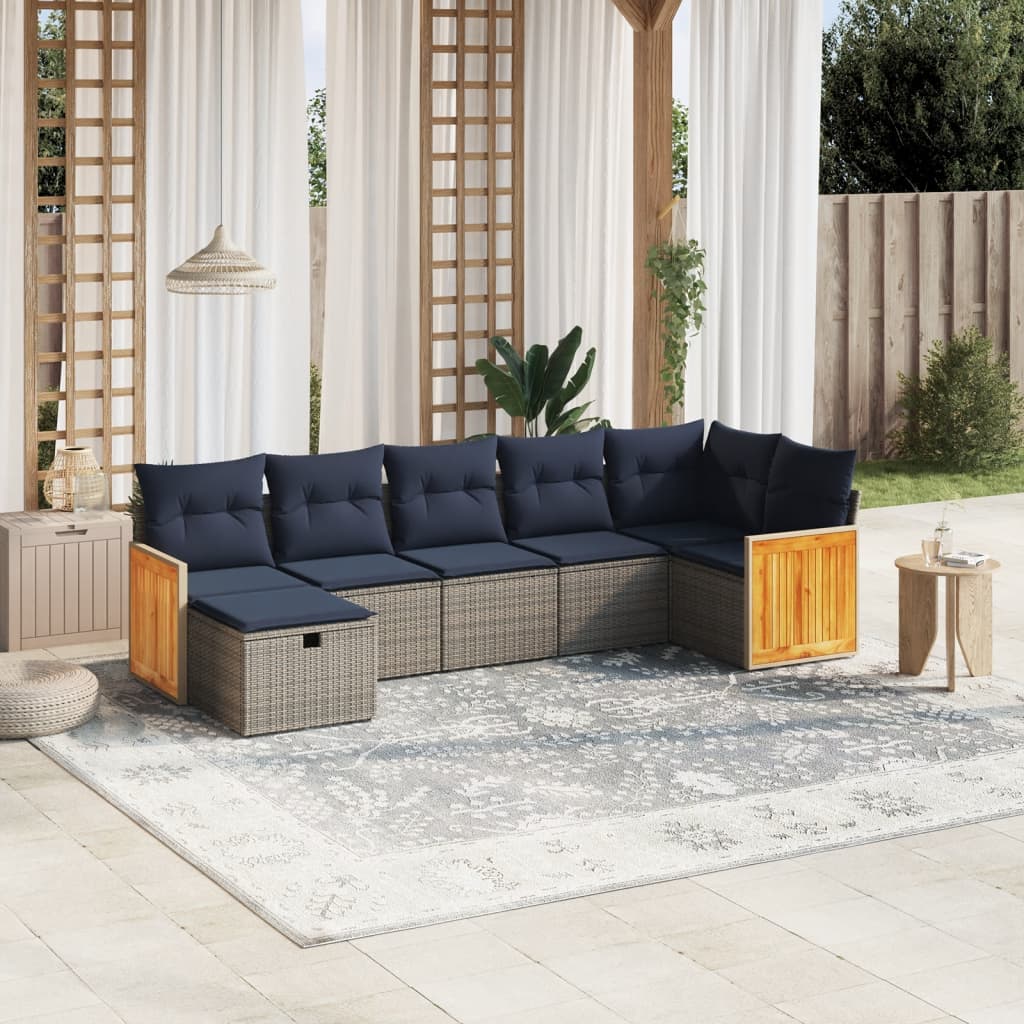 7 pcs conjunto sofás p/ jardim c/ almofadões vime PE cinzento