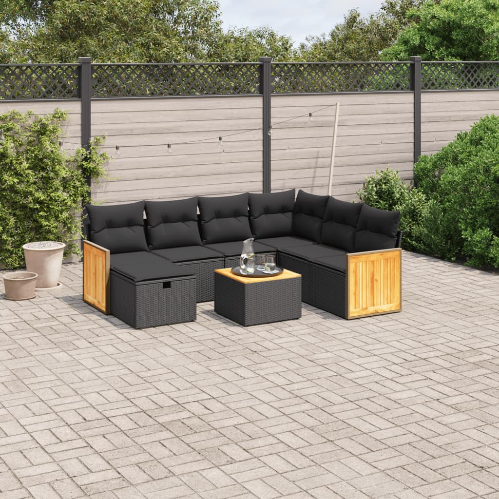 8 pcs conjunto sofás de jardim com almofadões vime PE preto