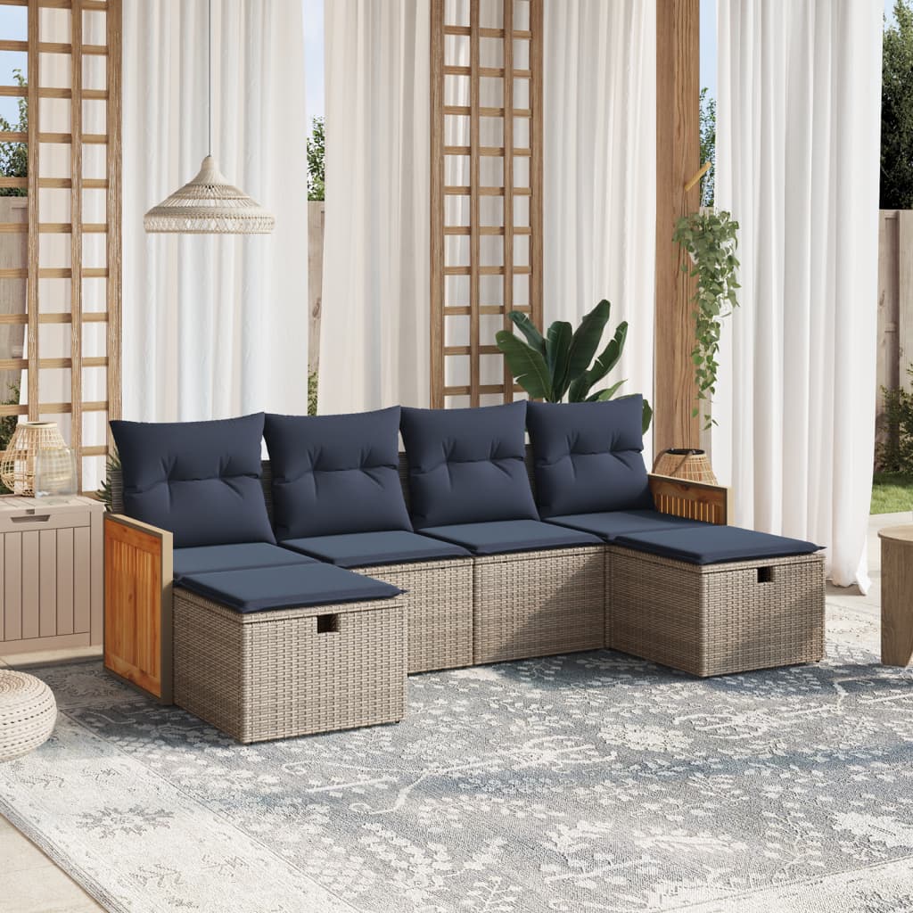 6 pcs conjunto sofás p/ jardim c/ almofadões vime PE cinzento