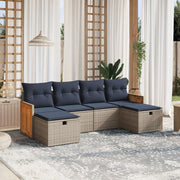 6 pcs conjunto sofás p/ jardim c/ almofadões vime PE cinzento