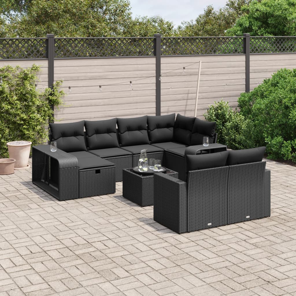 11 pcs conjunto sofás de jardim c/ almofadões vime PE preto
