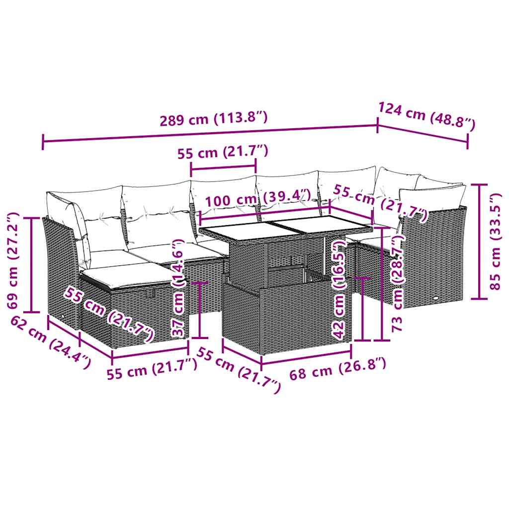 8 pcs conjunto de sofás p/ jardim com almofadões vime PE bege