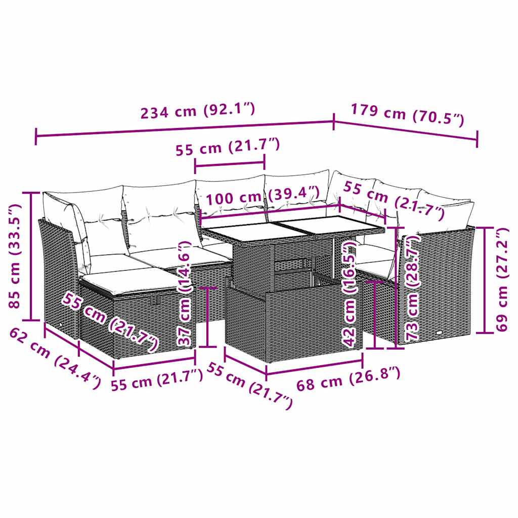 8 pcs conjunto de sofás p/ jardim com almofadões vime PE bege