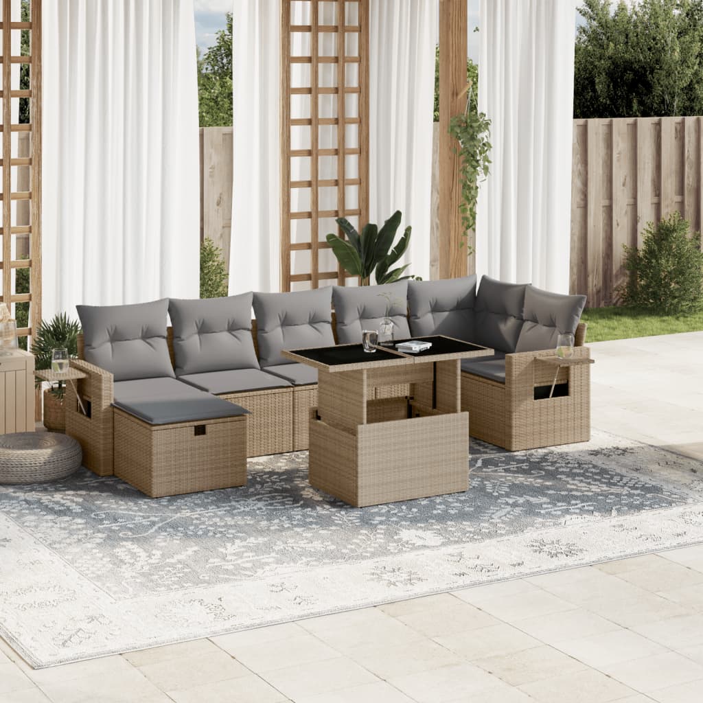 8 pcs conjunto de sofás p/ jardim com almofadões vime PE bege
