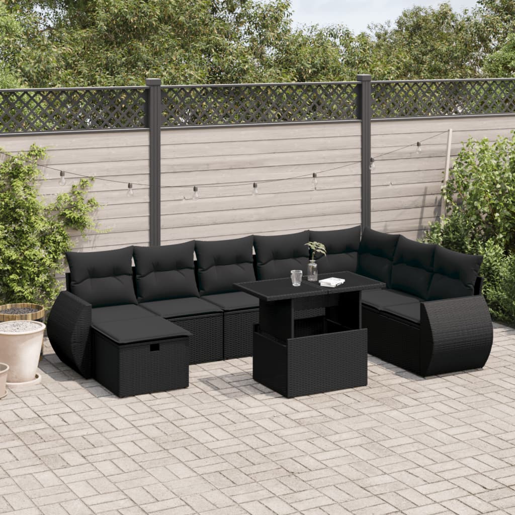 9 pcs conjunto de sofás p/ jardim c/ almofadões vime PE preto