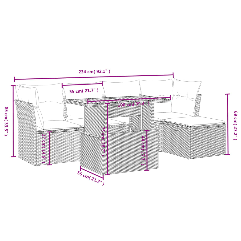 6 pcs conjunto sofás de jardim c/ almofadões vime PE preto