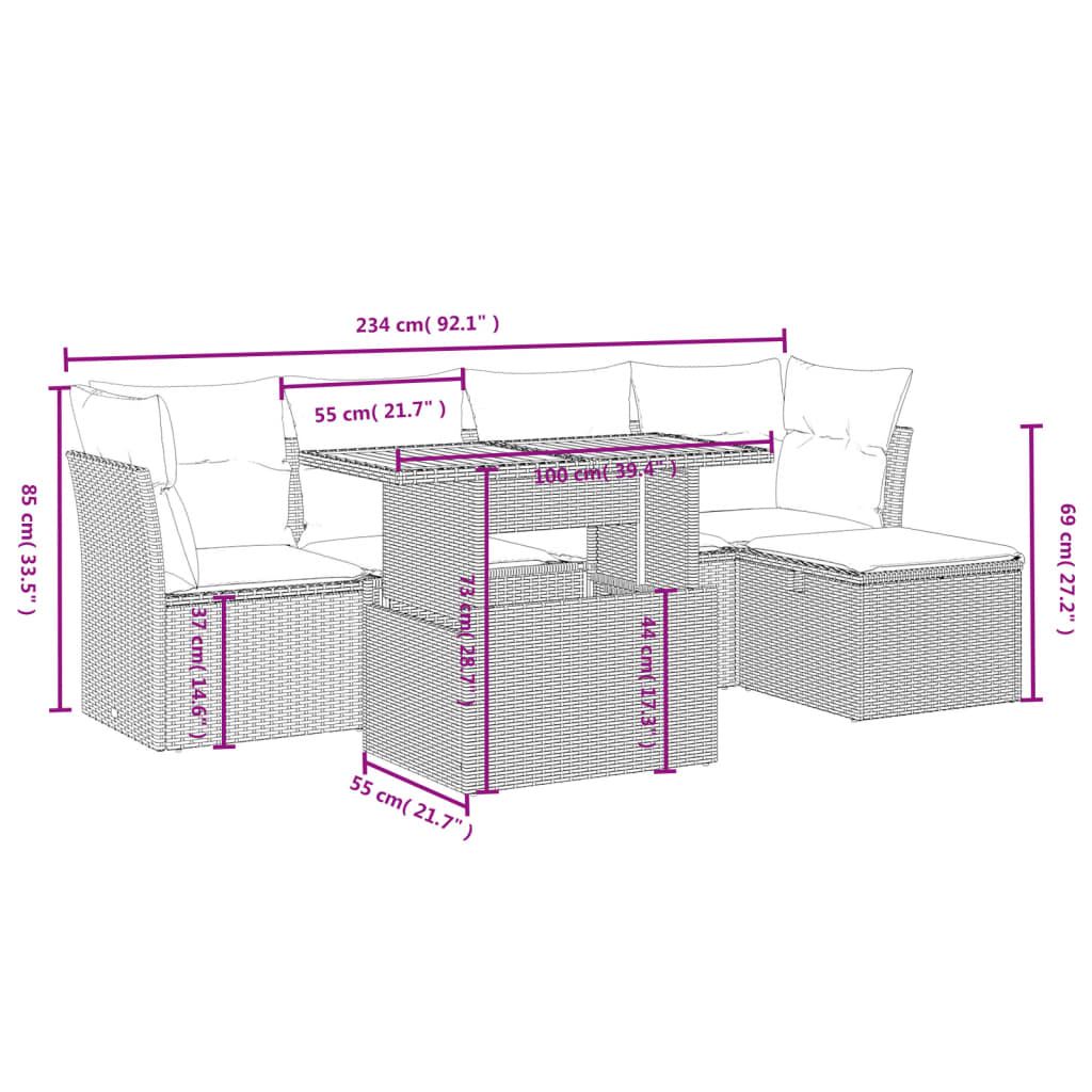 6 pcs conjunto de sofás p/ jardim c/ almofadões vime PE preto