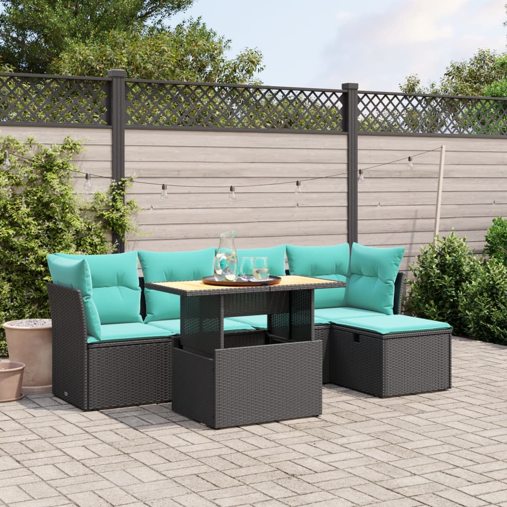 6 pcs conjunto de sofás p/ jardim c/ almofadões vime PE preto