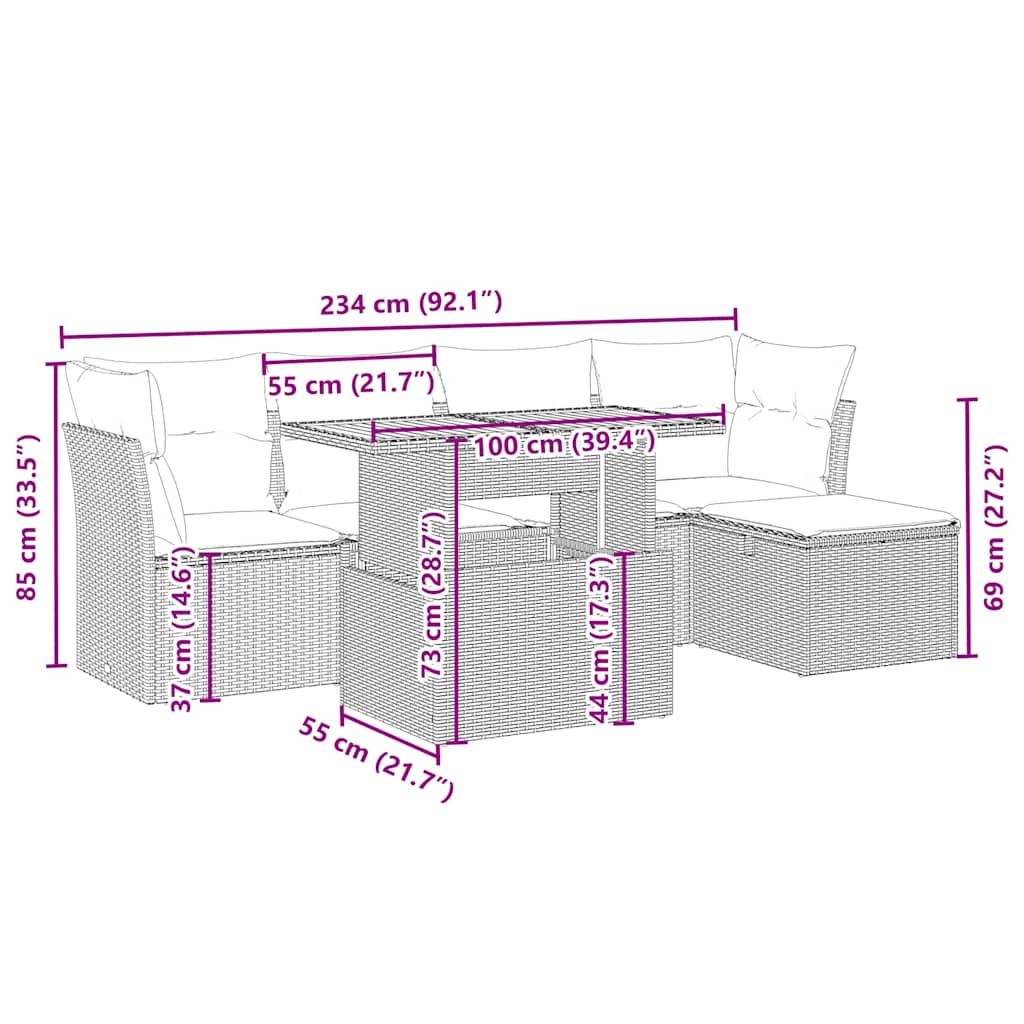 6 pcs conjunto de sofás p/ jardim com almofadões vime PE bege
