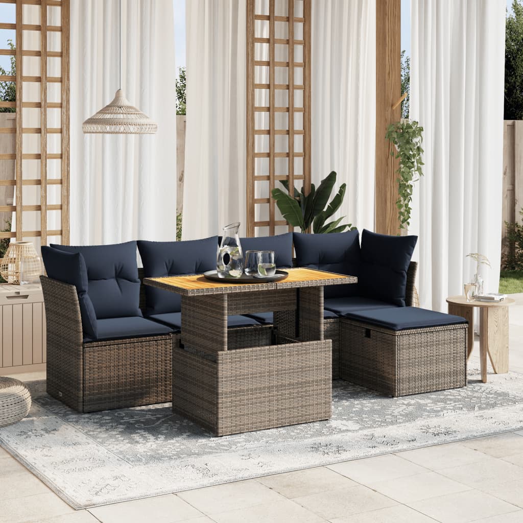 6 pcs conjunto sofás p/ jardim c/ almofadões vime PE cinzento