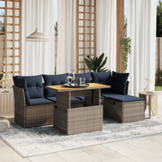 6 pcs conjunto sofás p/ jardim c/ almofadões vime PE cinzento