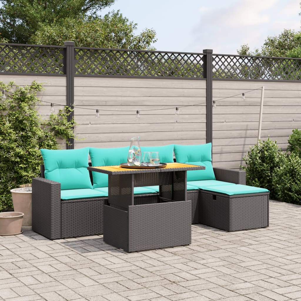 6 pcs conjunto de sofás p/ jardim c/ almofadões vime PE preto